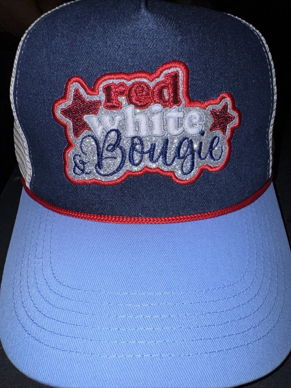 RED WHITE & BOUGIE Women’s USA Patriotic Denim Mesh Trucker Hat American
